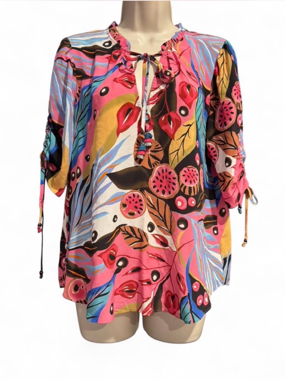 HALE BOB 100% Silk Boho Tassel Tie Blouse Top Medium Colorful Resort Tropical